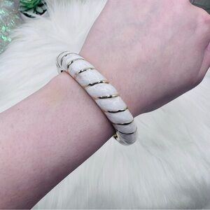 Ivory Beige with Gold Stripe Design Thick Enamel Bangle Bracelet